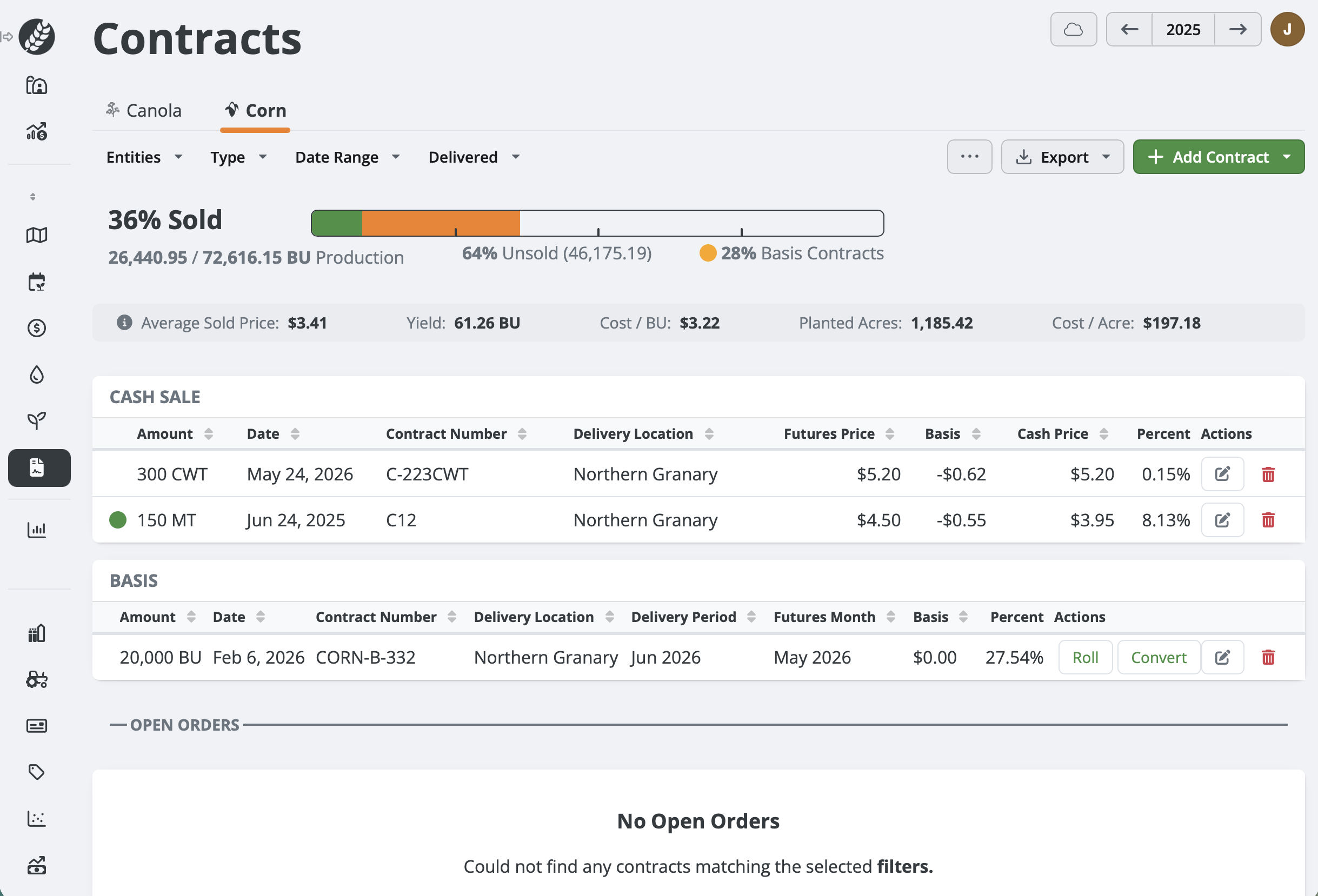 Manage all forms of grain contracts including basis contracts